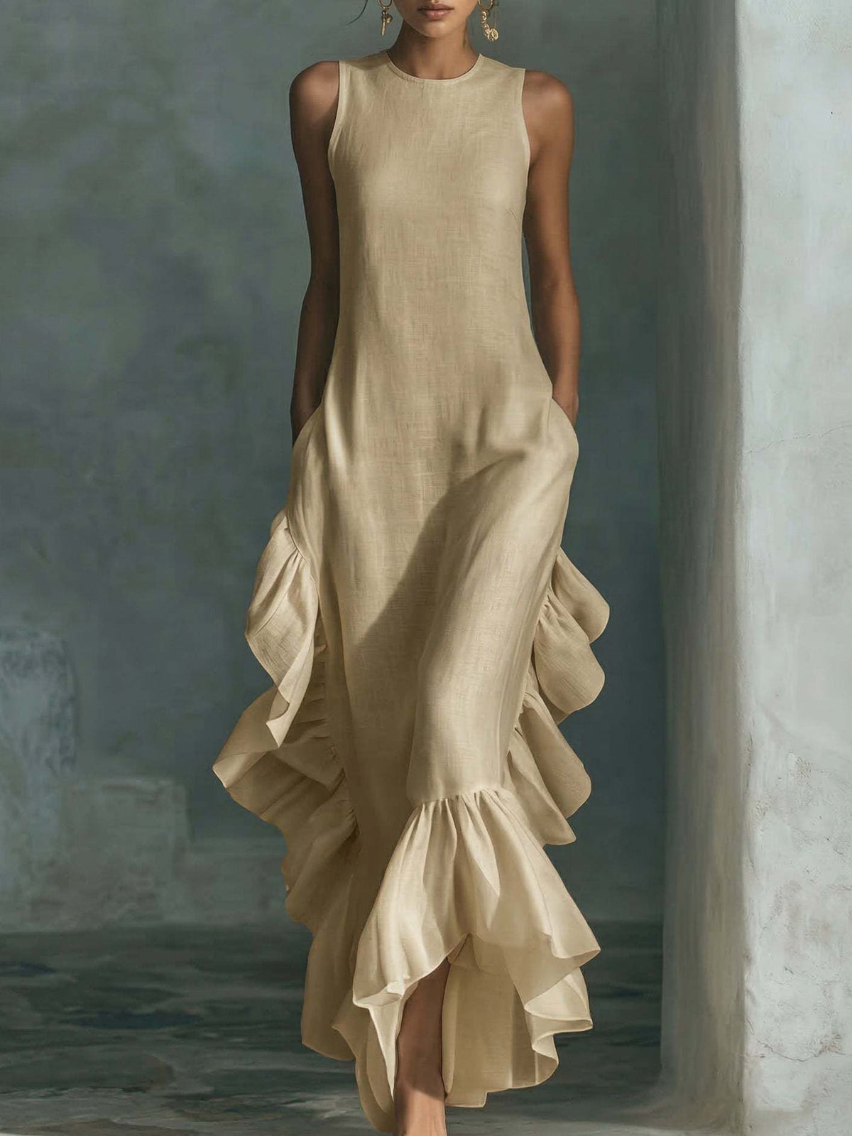 Robe longue maxi en lin sans manches à volants