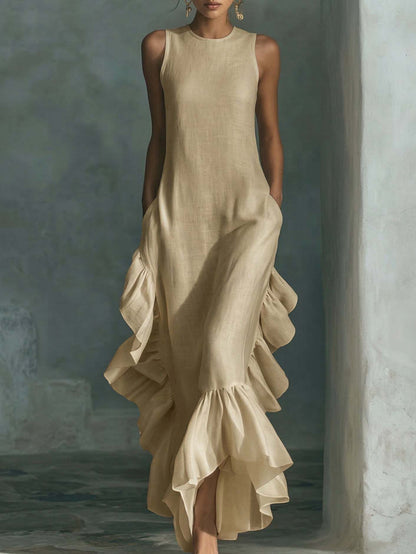 Robe longue maxi en lin sans manches à volants