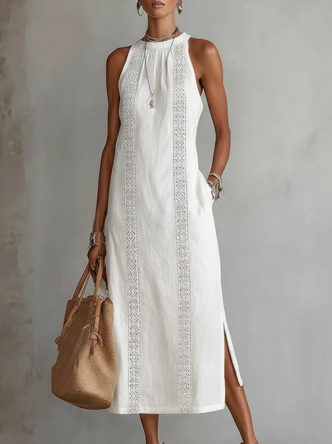 🌿 Robe en lin minimaliste, rétro et douce avec des détails de dentelle
