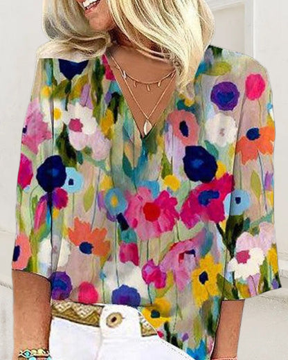 Chemise décontractée à col V, manches trois‑quarts, à imprimé floral coloré