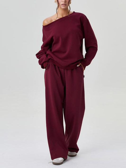 Ensemble haut à manches longues épaules découvertes et pantalon à jambes larges pour femme