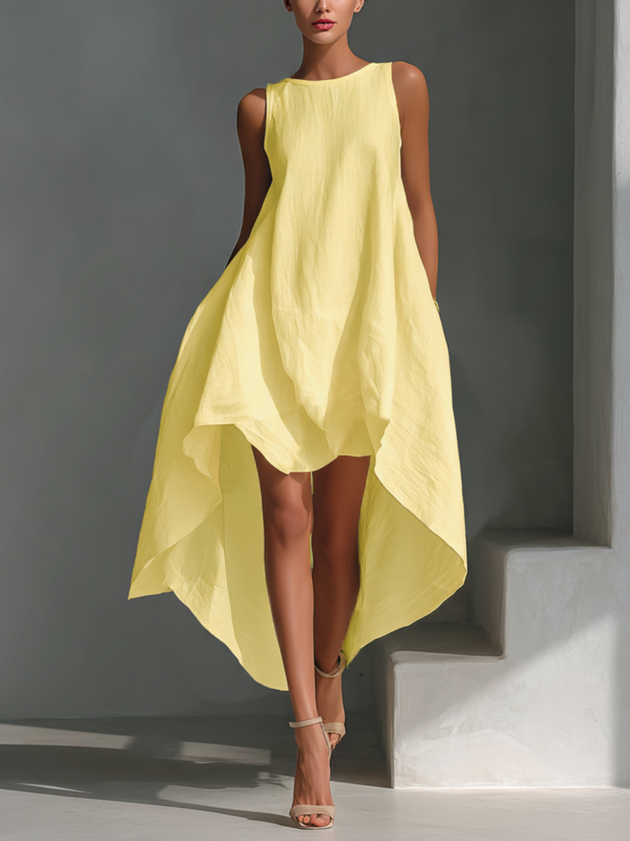Robe midi sans manches en lin blanc pour femme à col rond