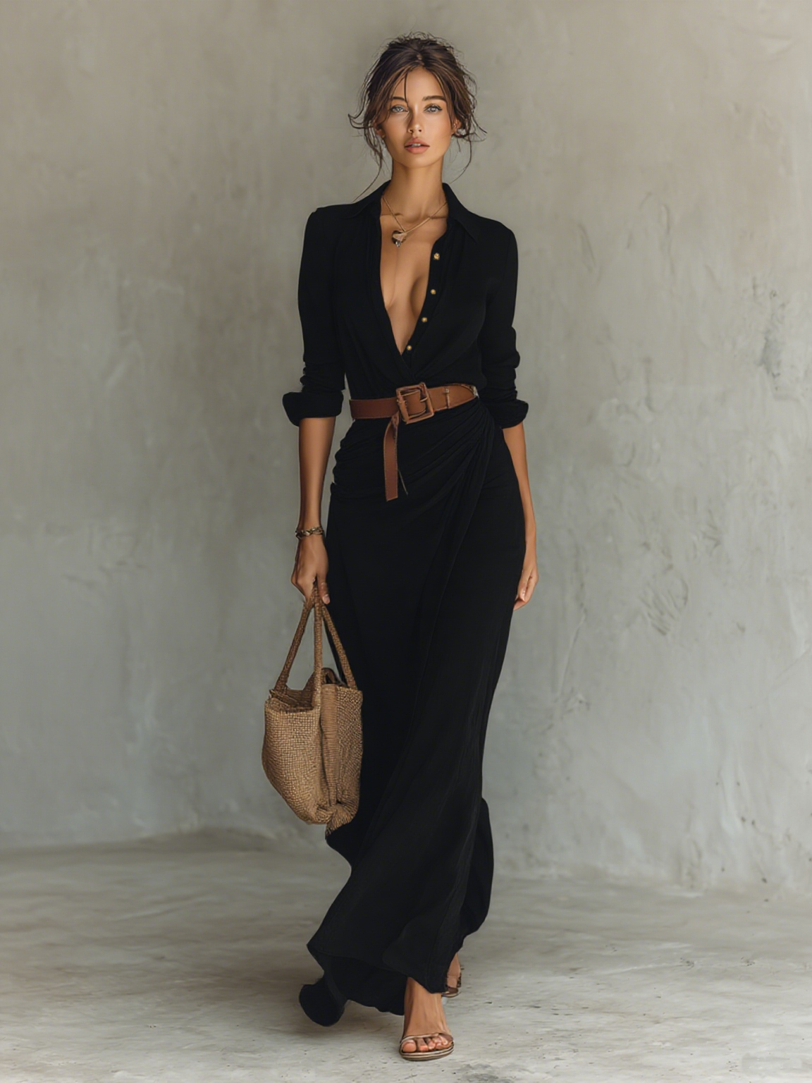 Maxi‑robe femme à revers, boutonnage simple, manches longues, fournie avec ceinture