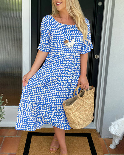 Robe midi à col rond à imprimé à pois