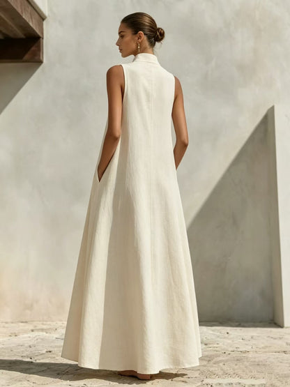 Stand Collar Sleeveless Linen Blend Pocketed Oversized Maxi Dress