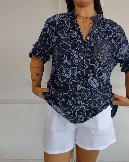 Blouse imprimée à col V avec boutonnage devant