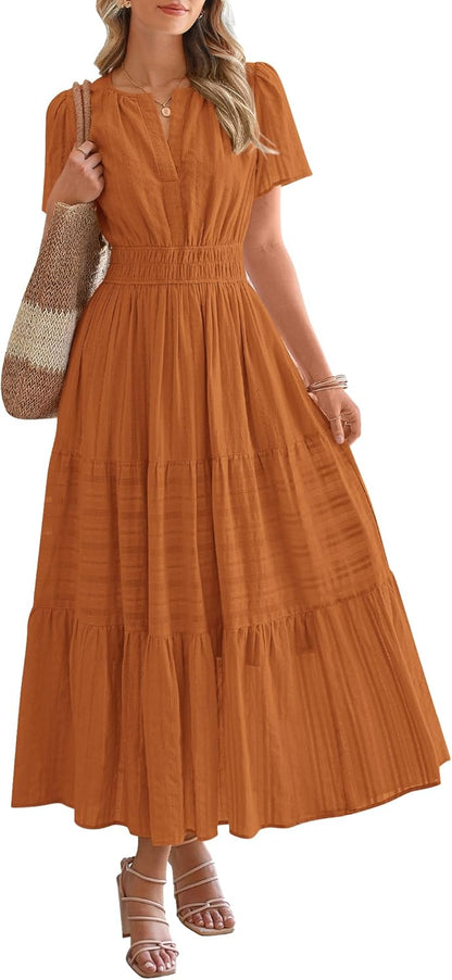 Robe décontractée midi et maxi femme d'été légère à manches courtes et col V