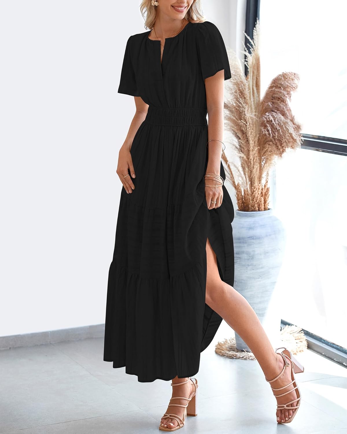 Robe décontractée midi et maxi femme d'été légère à manches courtes et col V