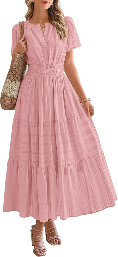 Robe décontractée midi et maxi femme d'été légère à manches courtes et col V