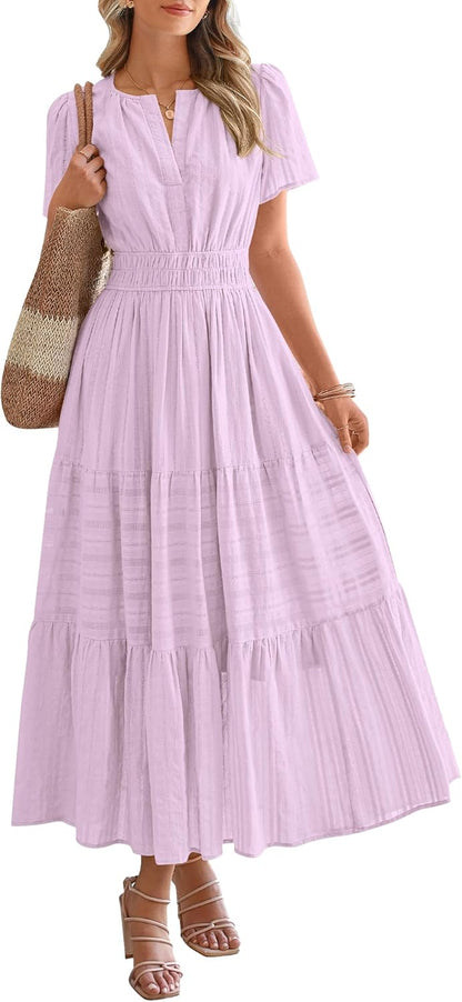 Robe décontractée midi et maxi femme d'été légère à manches courtes et col V