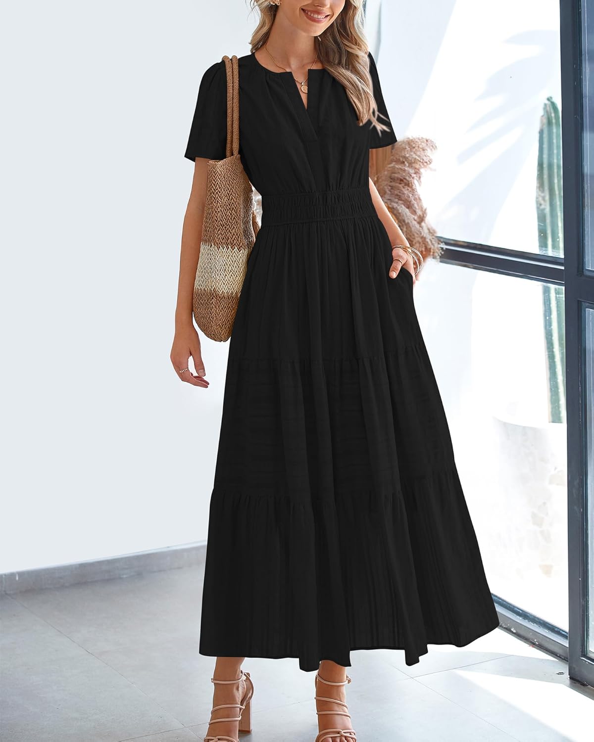 Robe décontractée midi et maxi femme d'été légère à manches courtes et col V