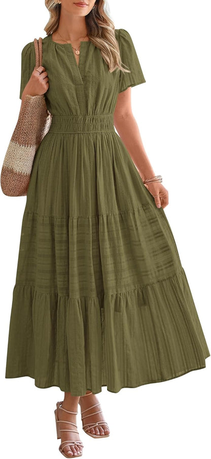 Robe décontractée midi et maxi femme d'été légère à manches courtes et col V