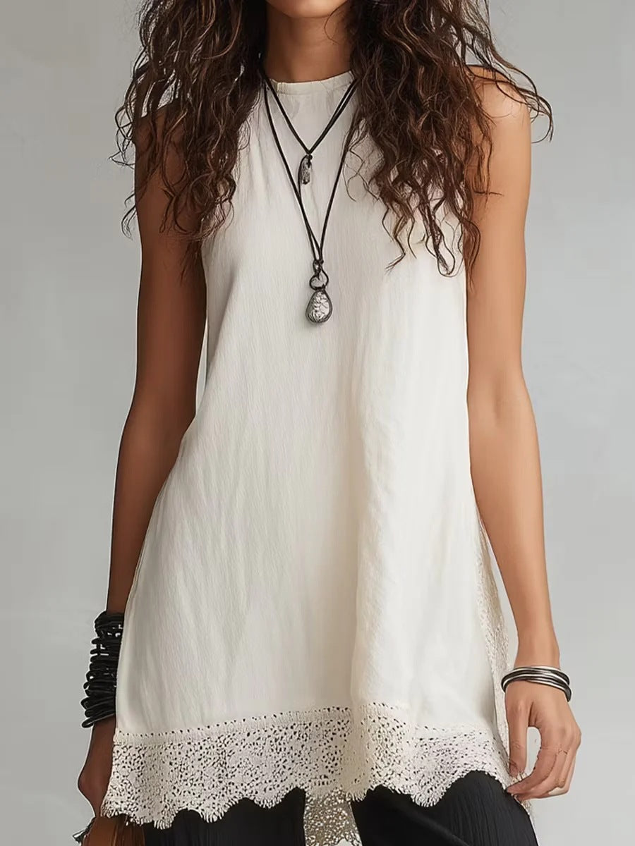 Lace Trim Sleeveless Tunic Two Piece Set