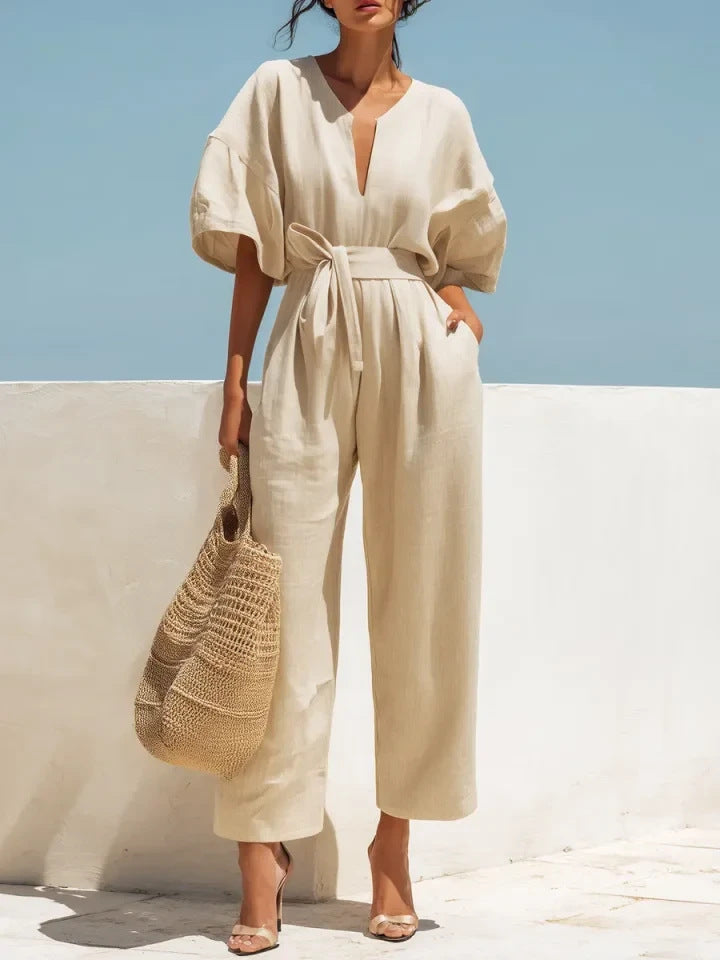 Women's Casual Linen Jumpsuit with Lantern Sleeves