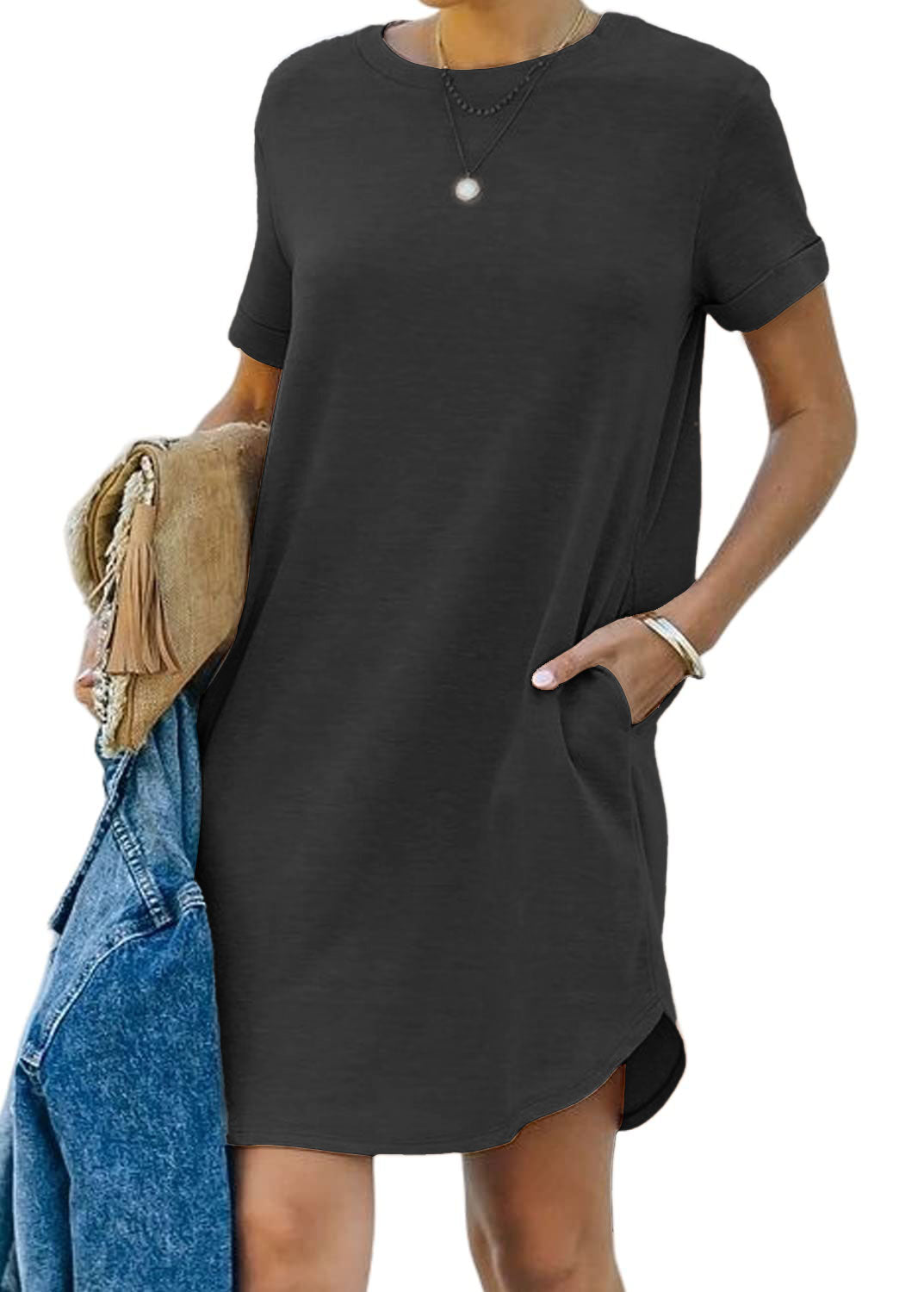 🔥Robe‑t‑shirt décontractée à manches courtes pour femme, robes basiques avec poches (Livraison gratuite à l'achat de 2)