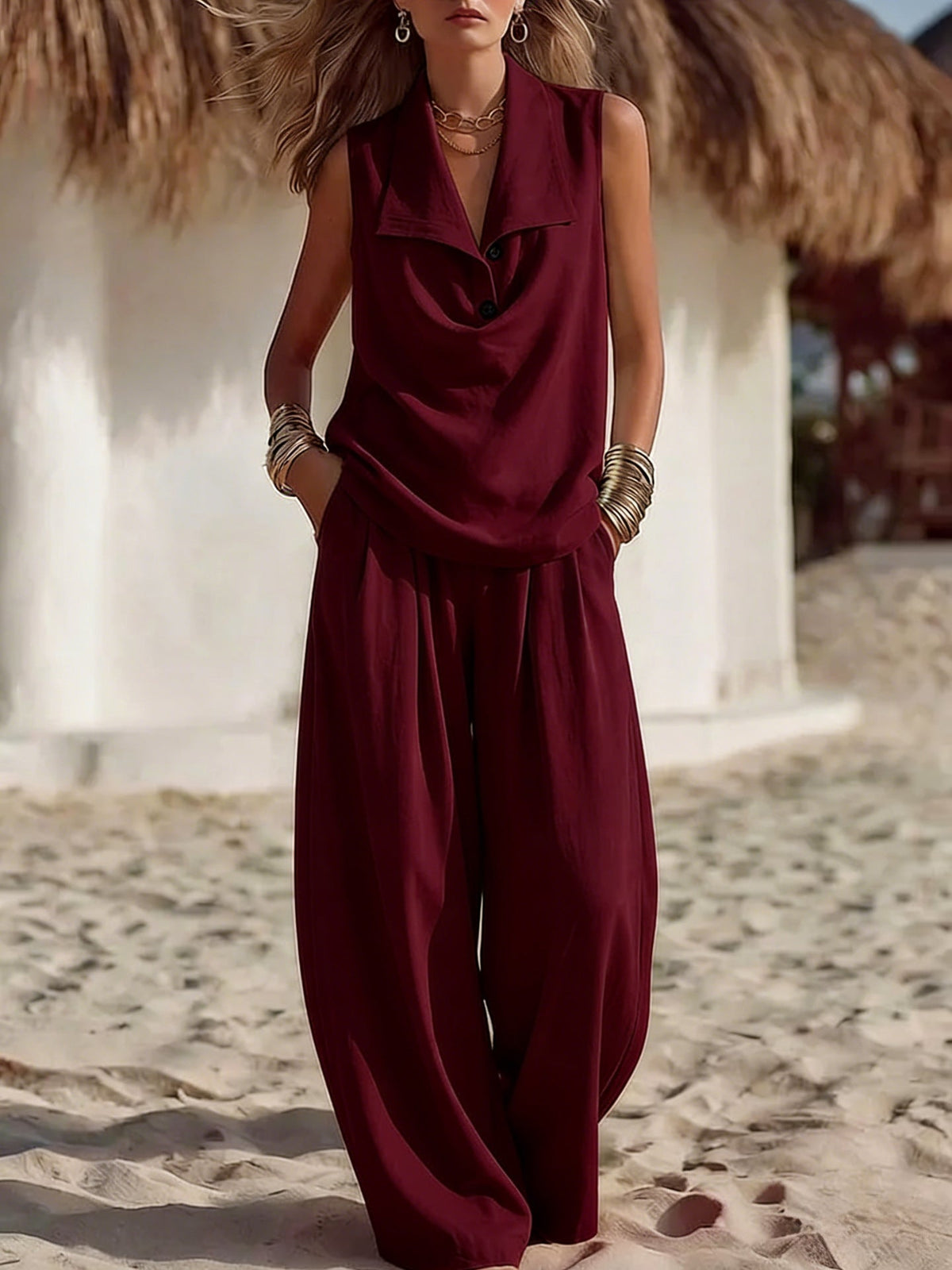 Sleeveless Collar Top & Wide Leg Vacation Pants