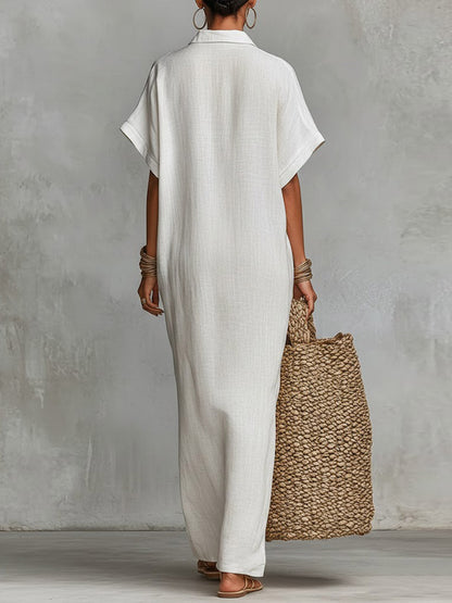 Robe décontractée ample en lin pour femme, unie, à col et à manches courtes
