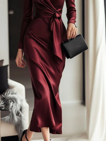 Elegant plain crossover collar midi dress with belt