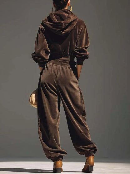 Ensemble sweat à capuche en velours marron vintage et pantalon ample (ceinture incluse)