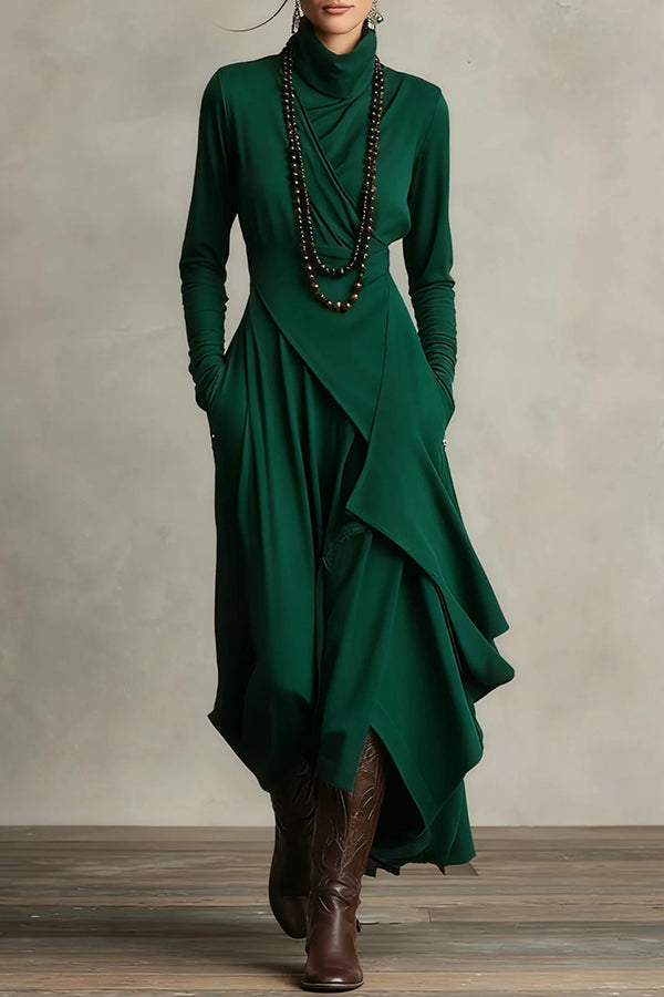 Robe maxi décontractée unie à col montant et manches longues, coupe asymétrique
