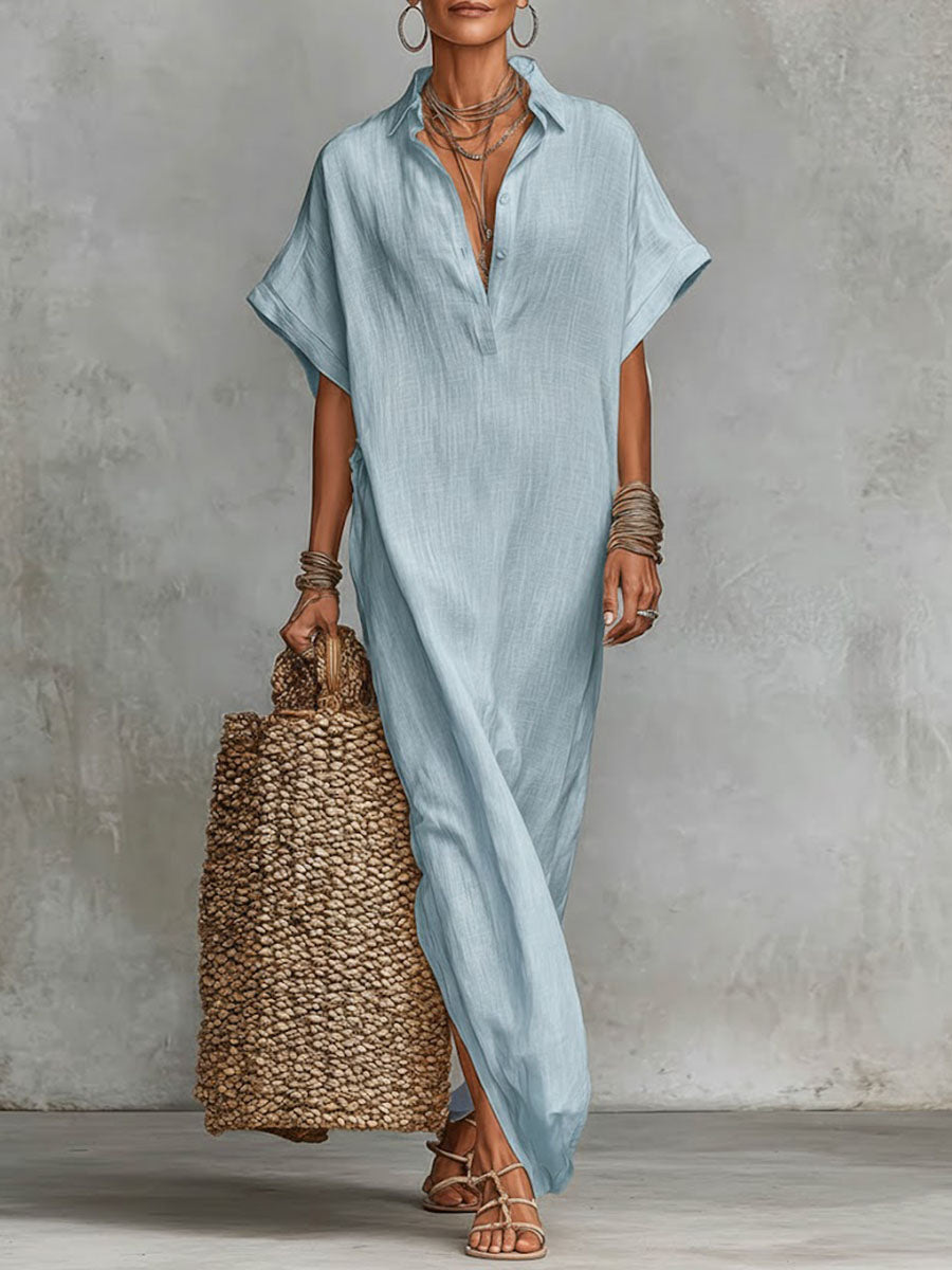 Robe décontractée ample en lin pour femme, unie, à col et à manches courtes