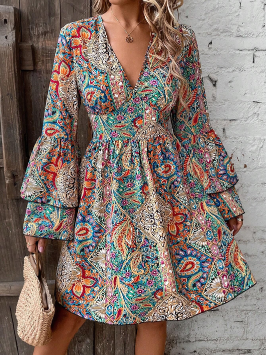 Robe bohème à motifs cachemire et fleurs, manches cloche