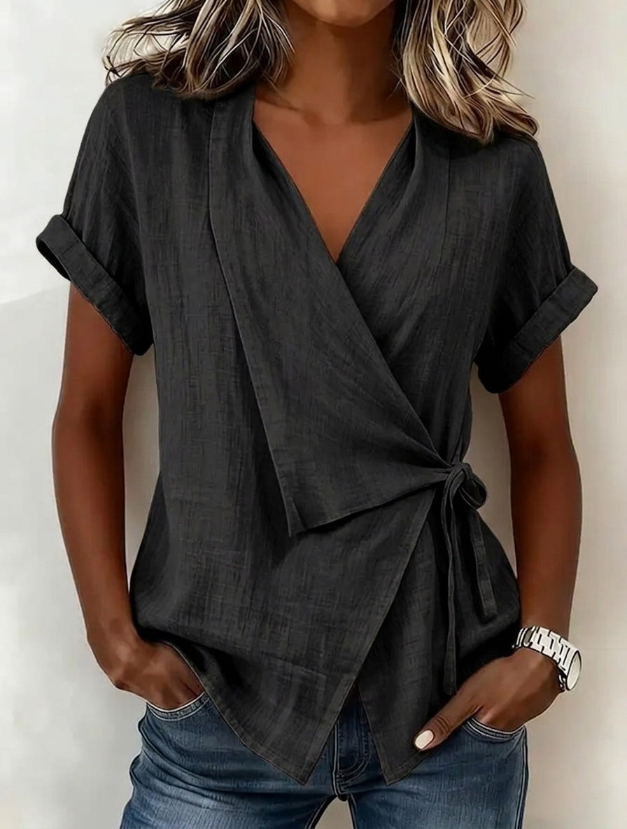 Wrap Tie Waist Linen Blend Short Sleeve V-Neck Blouse