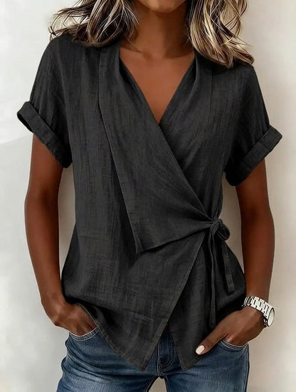 Wrap Tie Waist Linen Blend Short Sleeve V-Neck Blouse