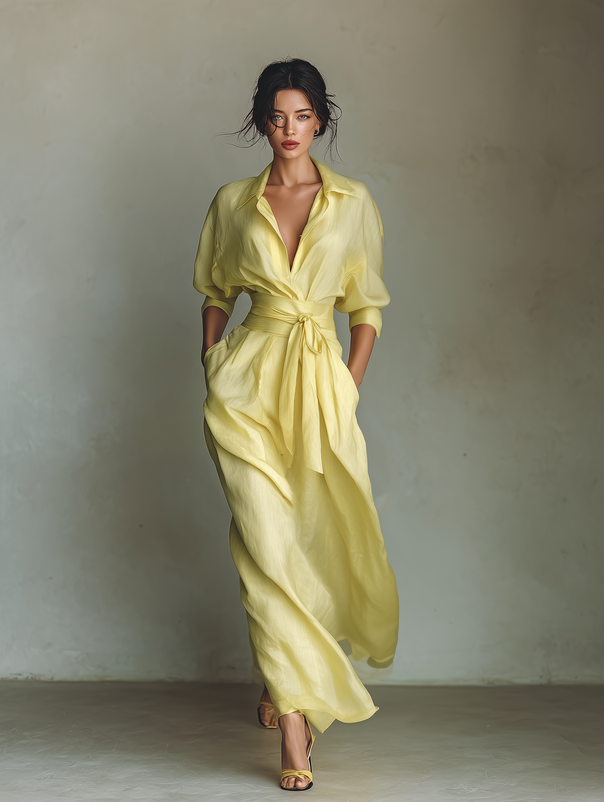 Robe‑chemise longue femme en mélange coton‑lin jaune citron, à taille nouée et manches mi‑longues
