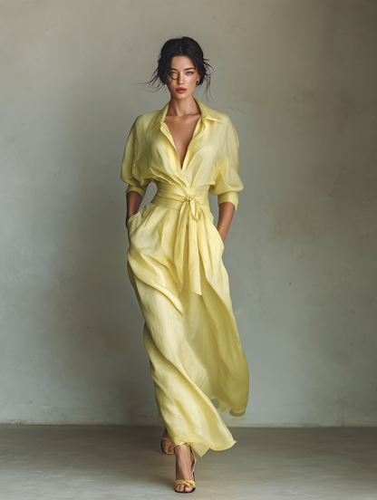 Robe‑chemise longue femme en mélange coton‑lin jaune citron, à taille nouée et manches mi‑longues