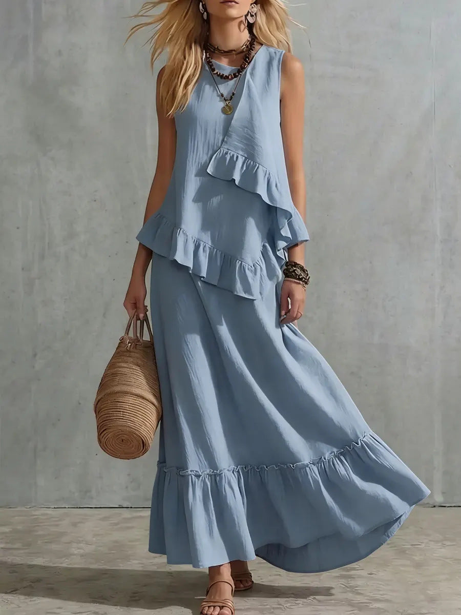 Asymmetrical Ruffle Sleeveless Textured Maxi Dress, Flowy Loose Summer Resort Long Dress