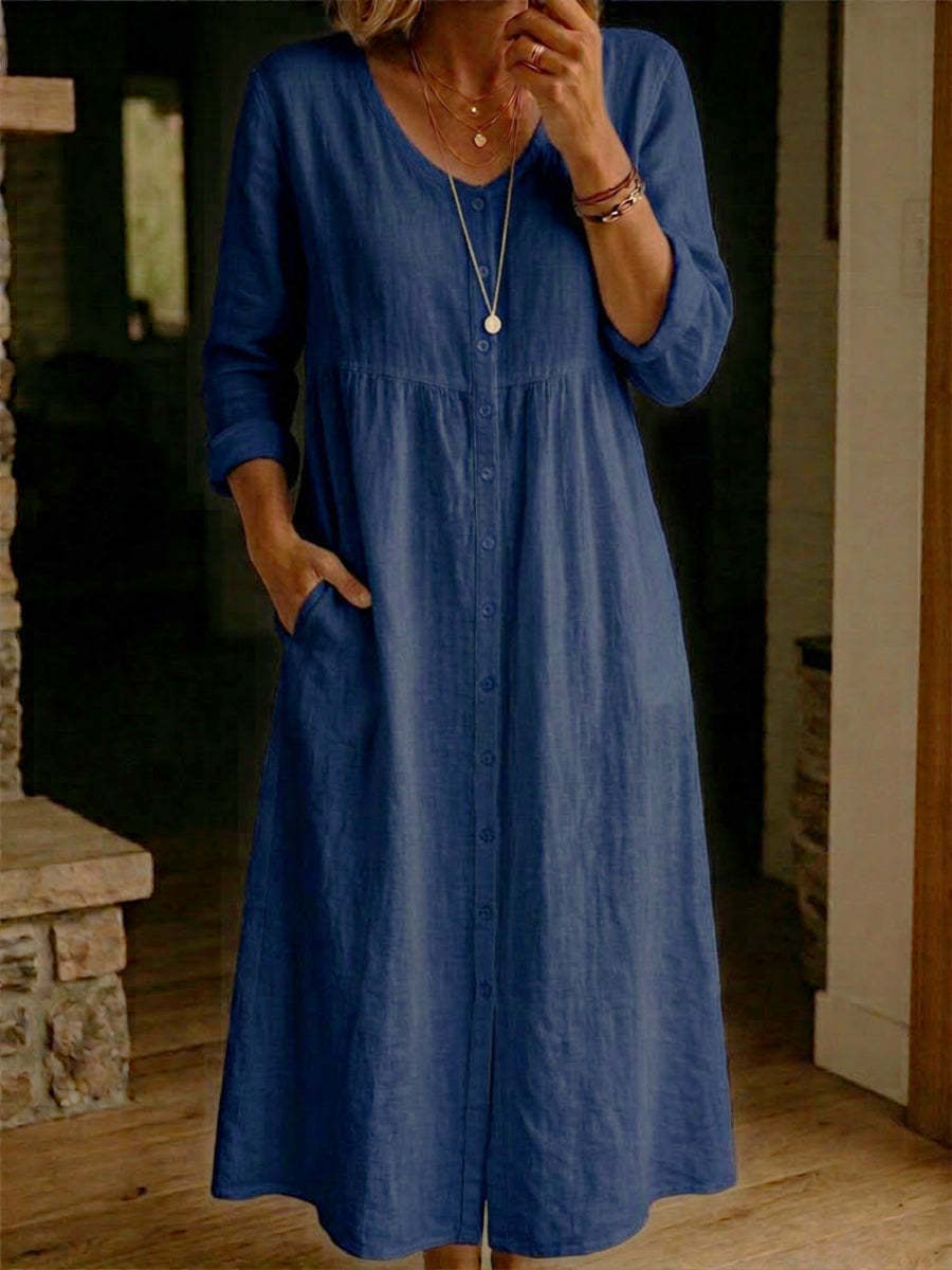Robe unie femme pour printemps/automne, robe à manches longues de coupe A‑line