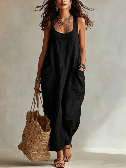 U-Neck Sleeveless Loose Pocket Maxi Dress, Casual Flowy Long Dress