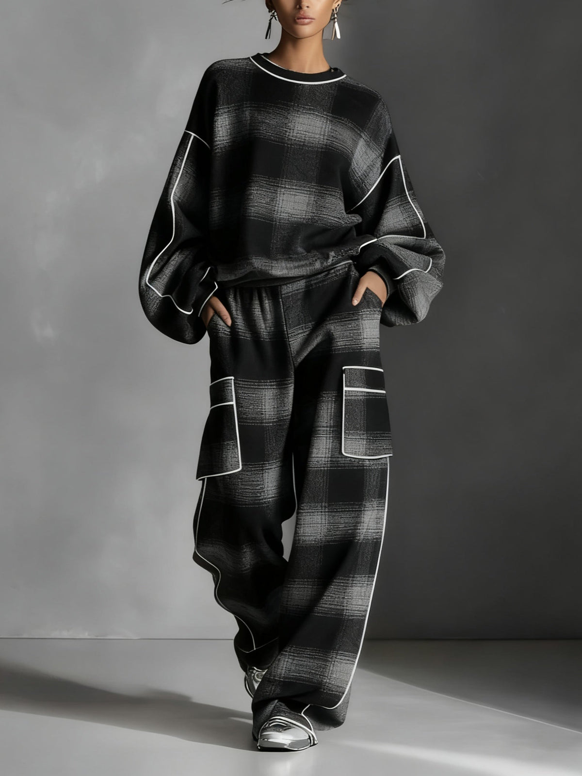 Ensemble deux pièces : sweat à blocs de couleur à carreaux rouge et gris et pantalon décontracté