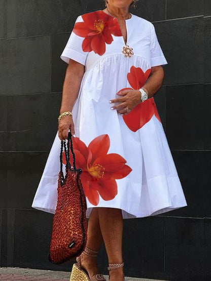 Robe midi à col V plissée à imprimé