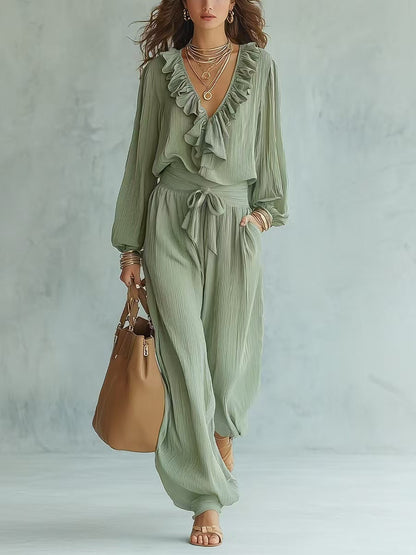 Ruffle V-Neck Long Sleeve Top & Tie Waist Wide Leg Pants Two Piece Set