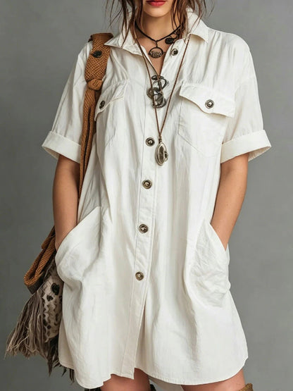 Oversized Short Sleeve Button Down Shirt Mini Dress with Pockets