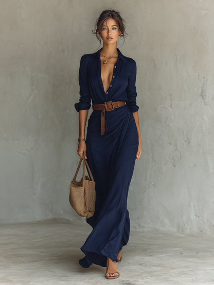 Maxi‑robe femme à revers, boutonnage simple, manches longues, fournie avec ceinture
