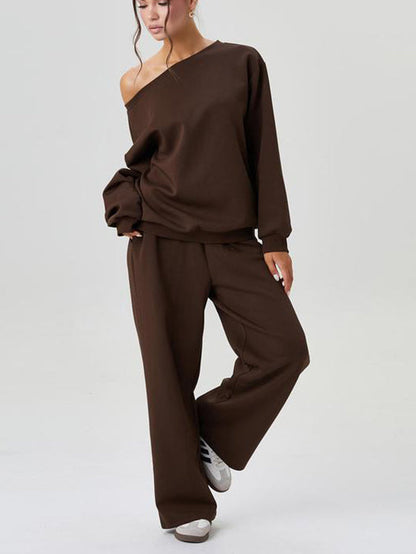 Ensemble haut à manches longues épaules découvertes et pantalon à jambes larges pour femme