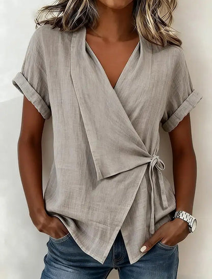 Wrap Tie Waist Linen Blend Short Sleeve V-Neck Blouse