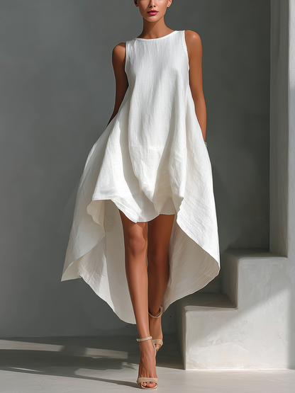 Robe midi sans manches en lin blanc pour femme à col rond