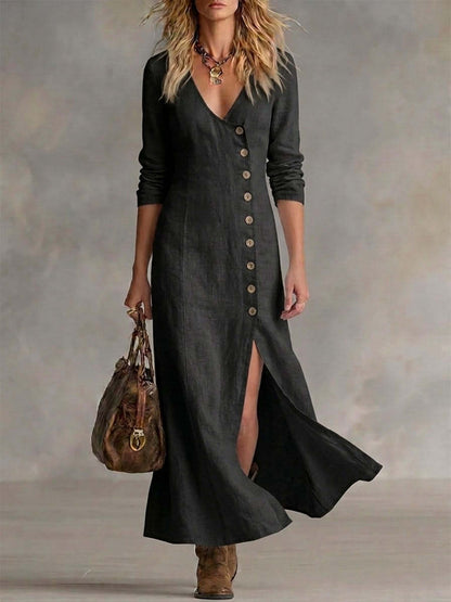 Robes longues mode en coton et lin à plusieurs boutons