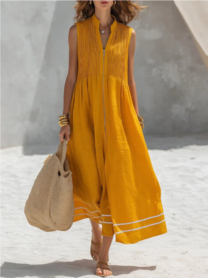 Stand Collar Pleated Zip Front Sleeveless Linen Midi Dress