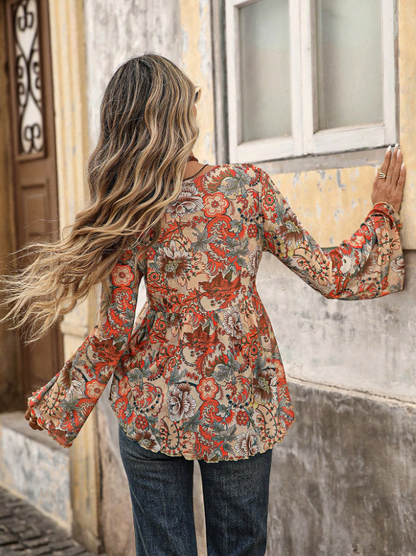 Top asymétrique à manches longues en maille à imprimé cachemire bohème orange pour femme à nouage sur le devant