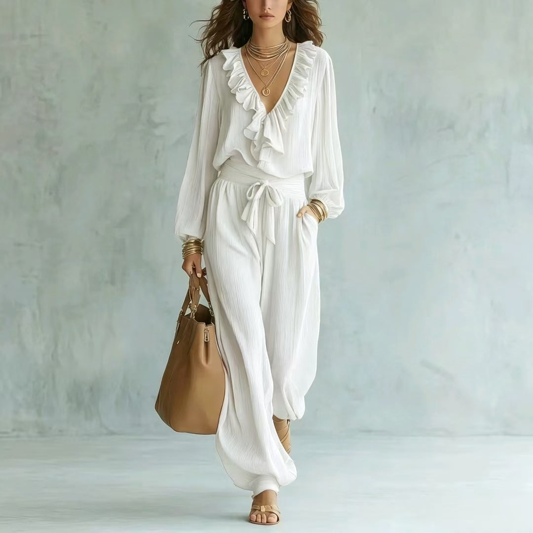 Ruffle V-Neck Long Sleeve Top & Tie Waist Wide Leg Pants Two Piece Set