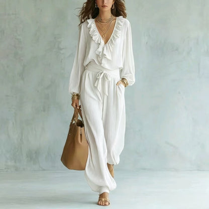 Ruffle V-Neck Long Sleeve Top & Tie Waist Wide Leg Pants Two Piece Set