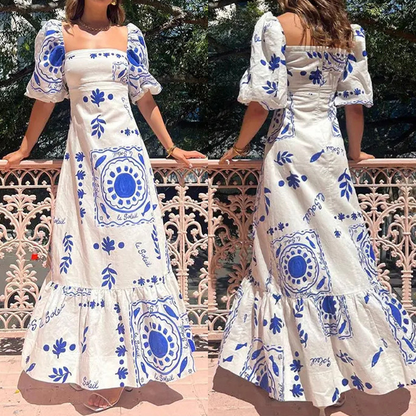 Robe longue à col carré, manches bouffantes, imprimé unique, mélange lin