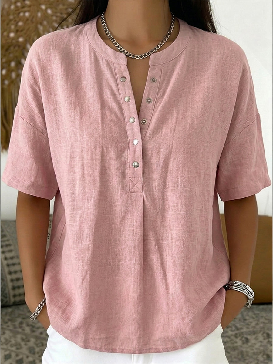Nouveautés🔥 Chemise décontractée femme à col Henley, manches courtes en lin et coton