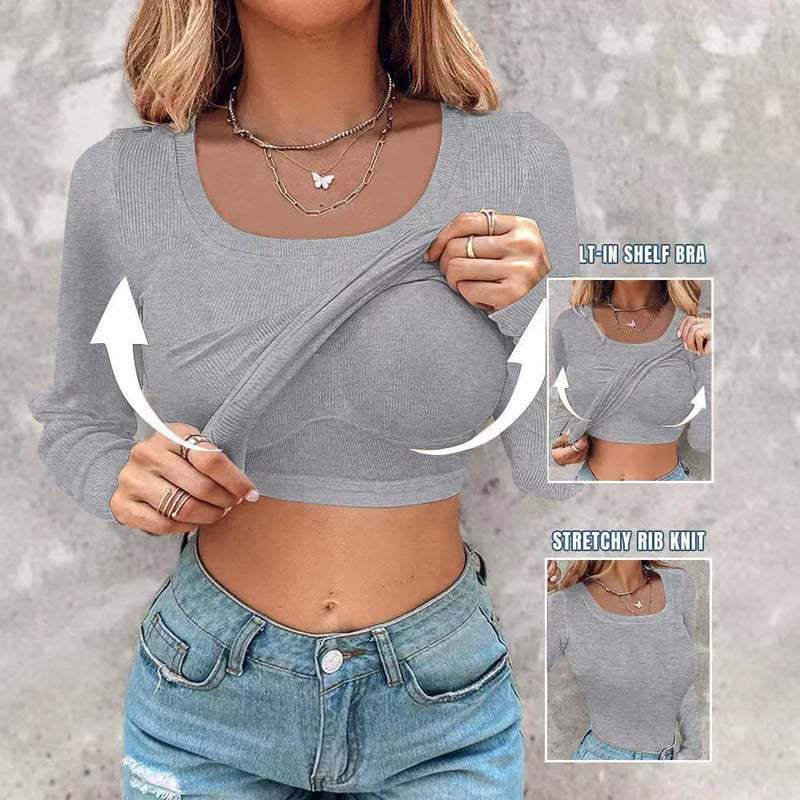 Haut à manches longues côtelé pour femme, col en U avec soutien-gorge intégré, coupe élégante et moulante, tissu extensible