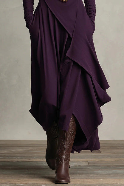Robe maxi décontractée unie à col montant et manches longues, coupe asymétrique